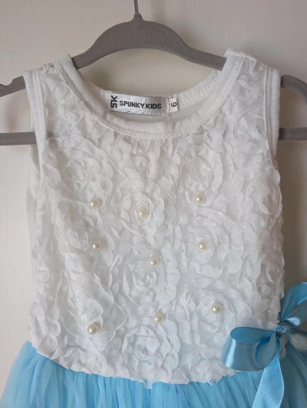 White Lace & Light Blue Tulle Party Dress